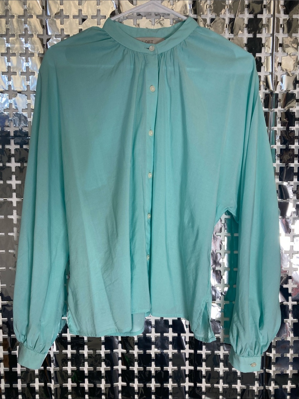 LOFT Aqua Button-Front Long Sleeve Blouse
